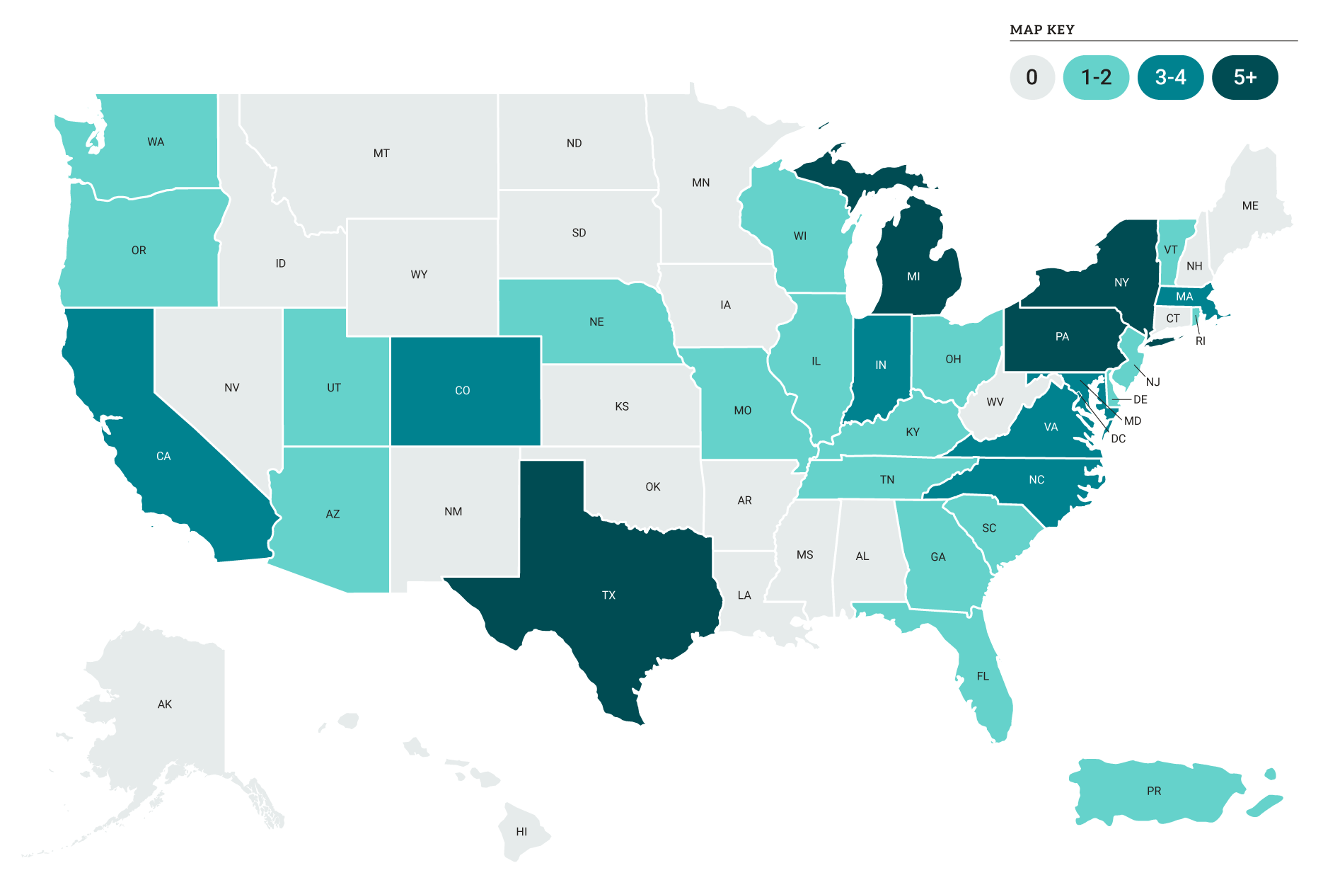 United States map with state labels and various shades of green