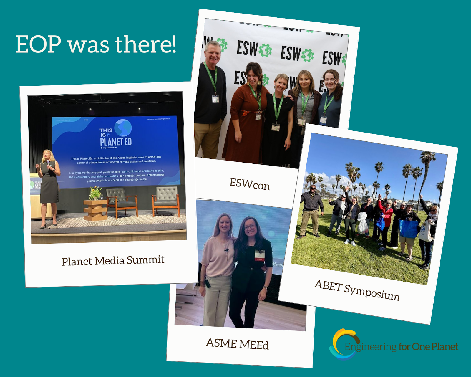 A graphic depicting four conference where EOP went in Q1, including ESWcon, Planet Ed Planet Media Summit, ASME MEEd, and ABET Symposium.