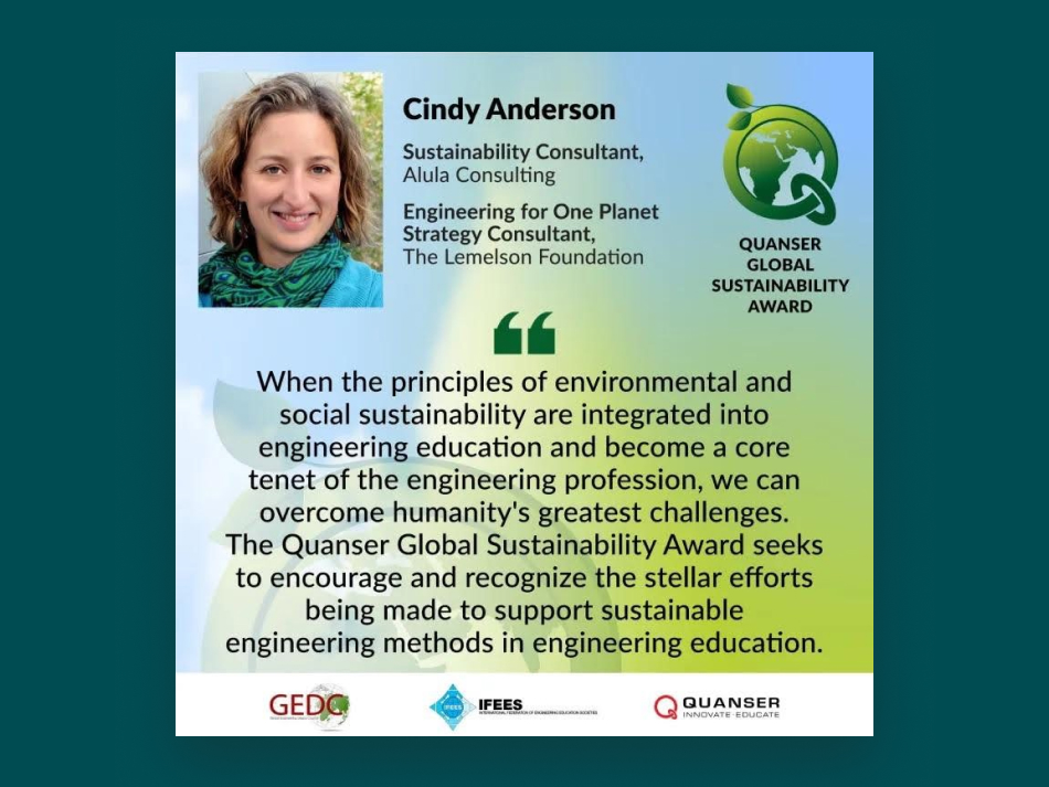A graphic that quotes Cindy Anderson about the Quanser Global Sustainability Award.
