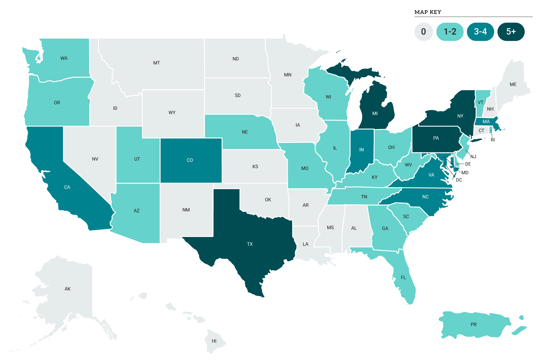 A map of the United States of America, including Hawaii, Alaska, and Puerto Rico. The states are highlighted with colors to represent the amount of grantees per state, the lighter color being a lower number, the darker color being a the highest number.