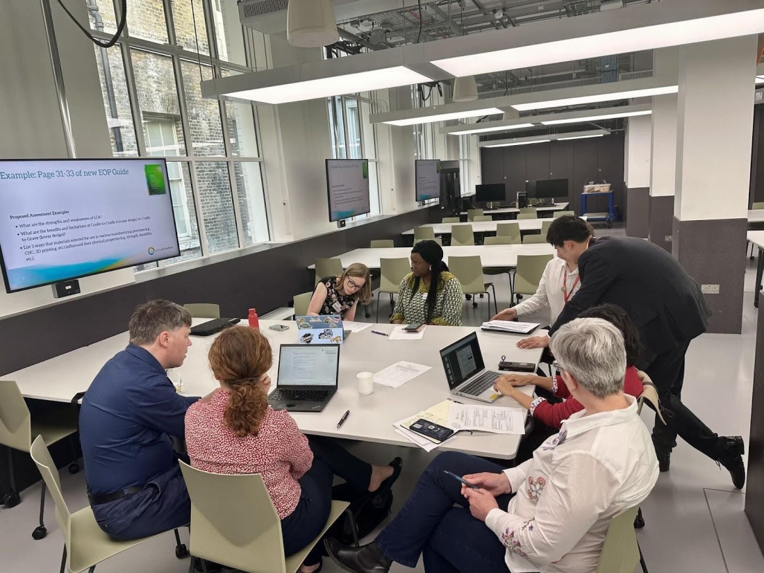 A group of educators at EESD working together to create climate-focused curricular materials for engineering courses.