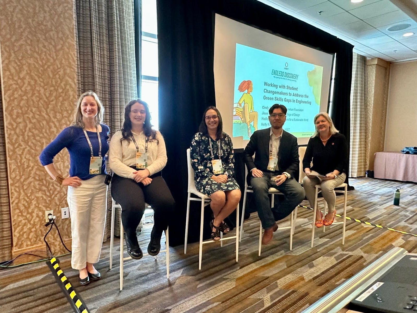 Anderson (left) after moderating a panel with fellow EOP Network members, including students and recent graduates, on the green skills gap in engineering at the 2025 ABET Symposium.