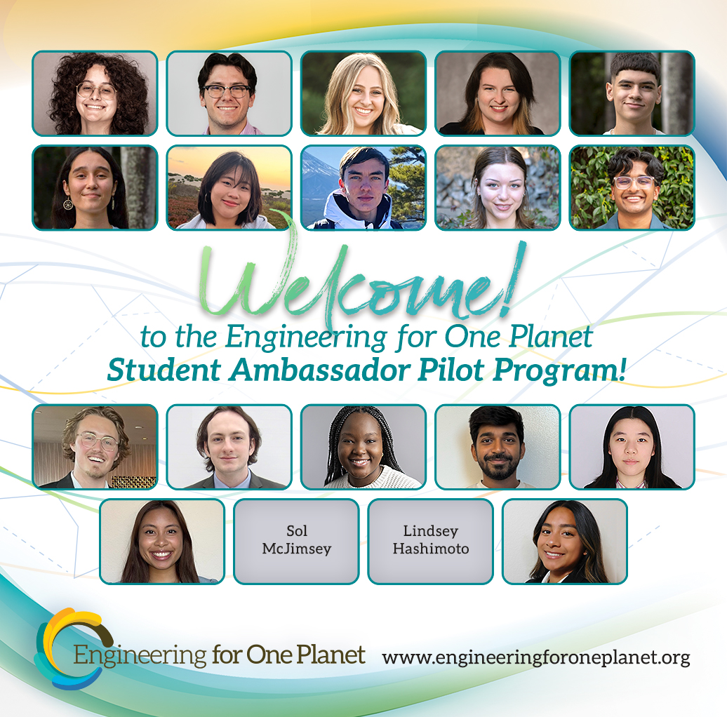 A welcome graphic for the Engineering for One Planet Student Ambassador Pilot Program, featuring a grid of student headshots around the text “Welcome!” with the EOP logo and website at the bottom.