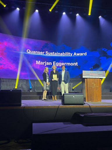 A photo of Marjan Eggermont receiving the Quanser Sustainability Award