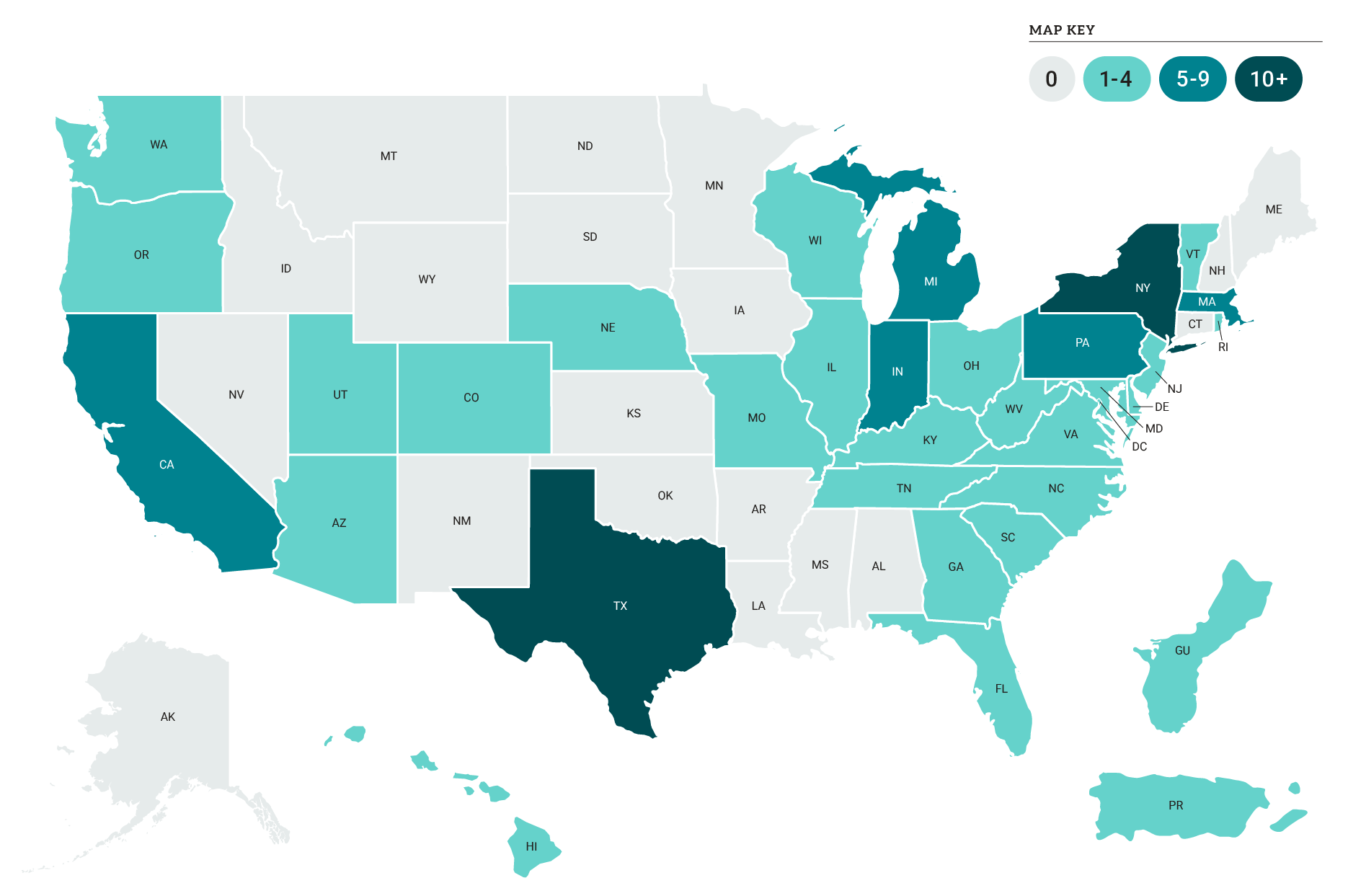 A map of the United States of America, including Hawaii, Alaska, and Puerto Rico. The states are highlighted with colors to represent the amount of grantees per state, the lighter color being a lower number, the darker color being a the highest number.