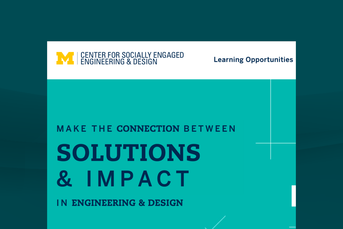 Make the connection between Solutions & Impact in Engineering & Design" in navy text on a teal background